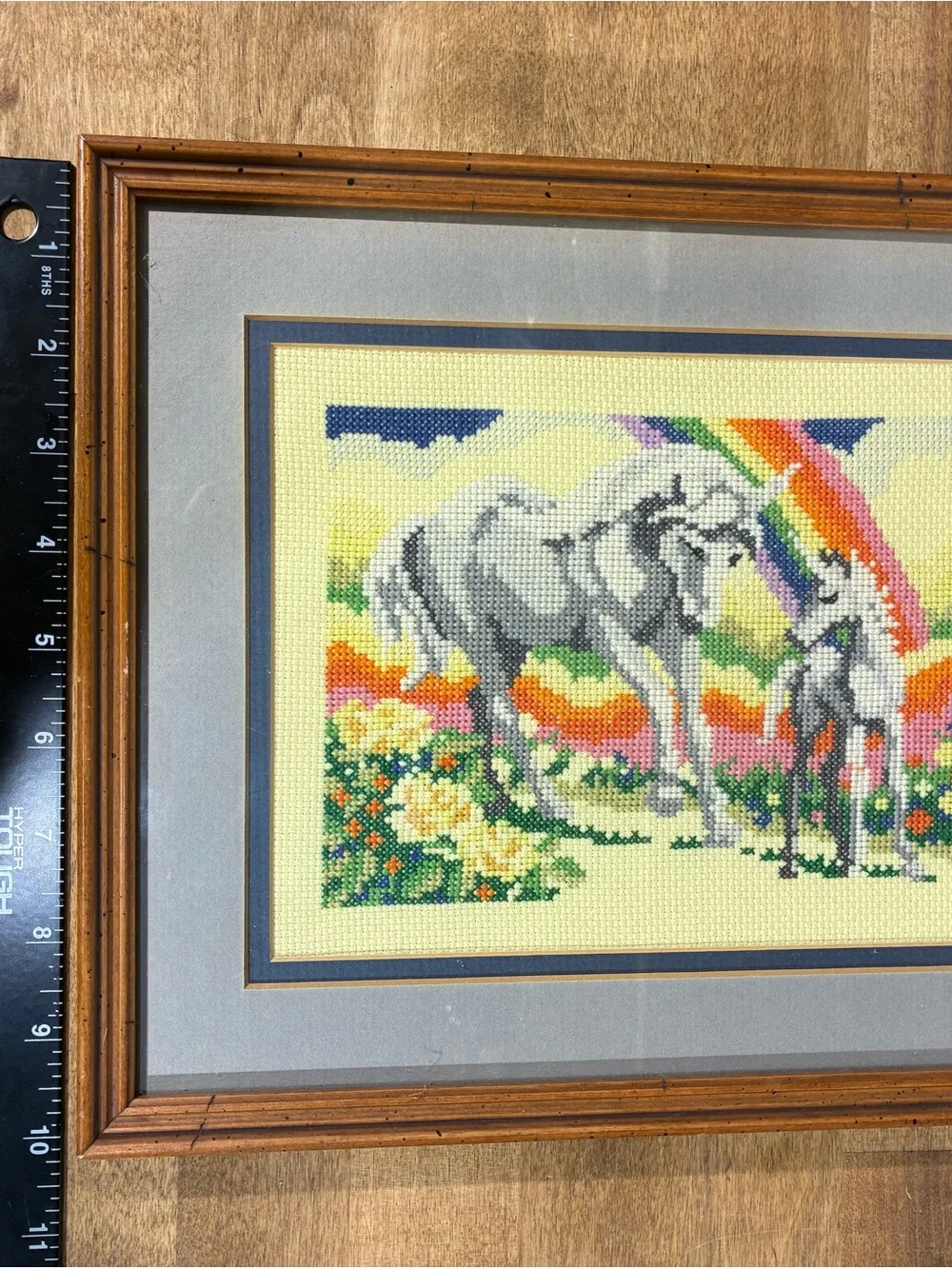 Vintage Handmade 1985 Unicorn Needlepoint Cottagecore Framed Art